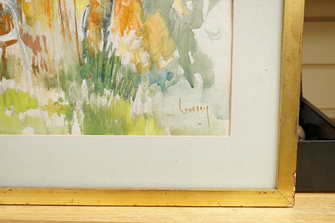 20th century, garden scene, indistinctly signed, watercolour heightened with white, 51 x 38cm